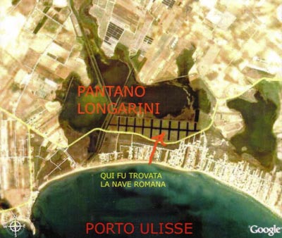 Pantano Longarini ~ Mappa del PORTO ULISSE che segna il punto in cui è stata trovata la nave romana